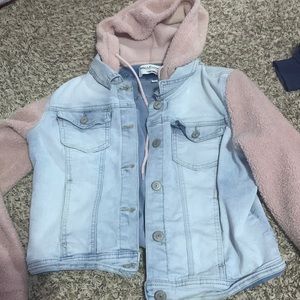 Jean jacket w/ wool sleeves and hood